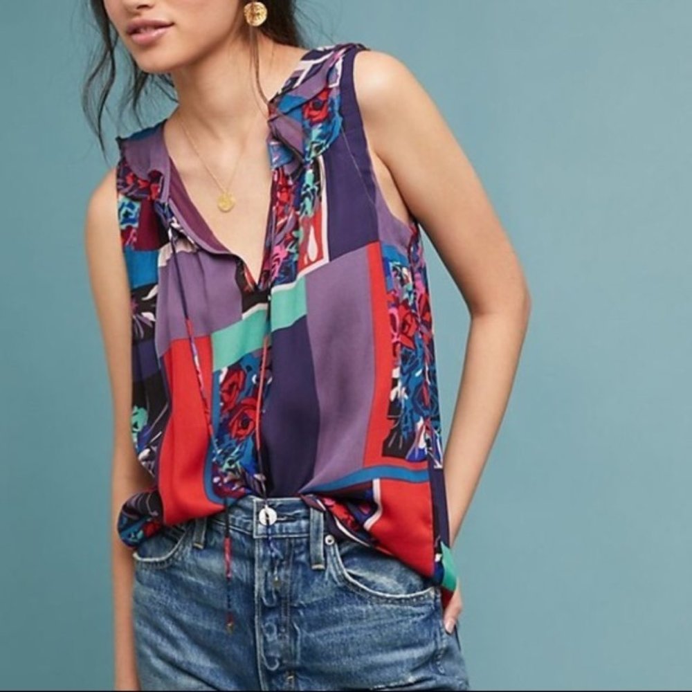 Anthropologie Maeve Floral Ruffle Sleeveless Blouse Sz XS